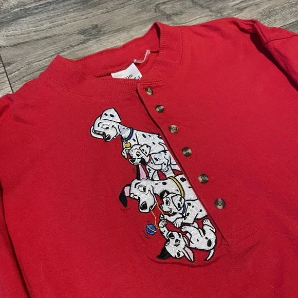 Vintage 90s 101 Dalmatians Long Sleeve Red Henley Shirt Medium Disney Store - Picture 2 of 7